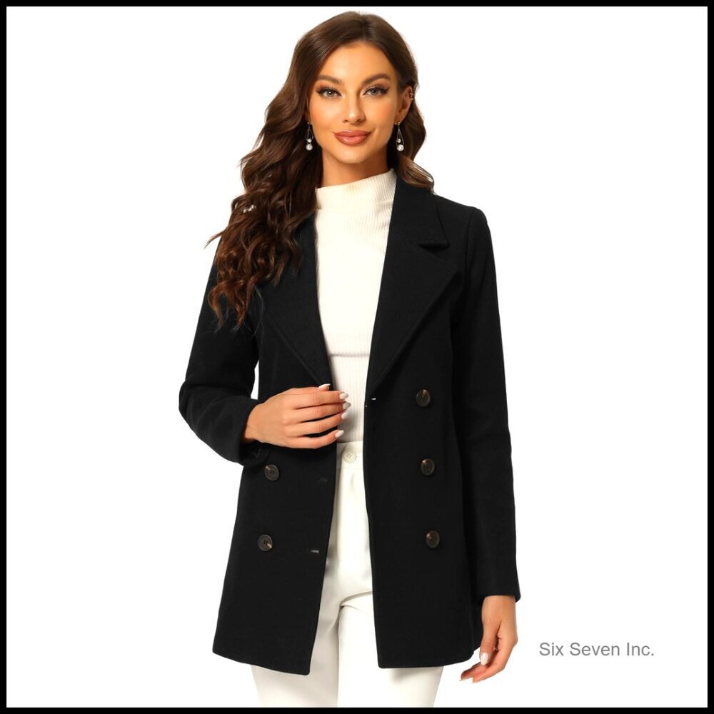 Polyester Blend Pea Coat Double Breasted Notch Lapel Mid Thigh - Picture 1 of 7